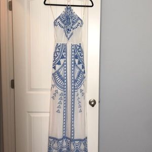 Vici Blue and White Floral Maxi Halter Dress - S